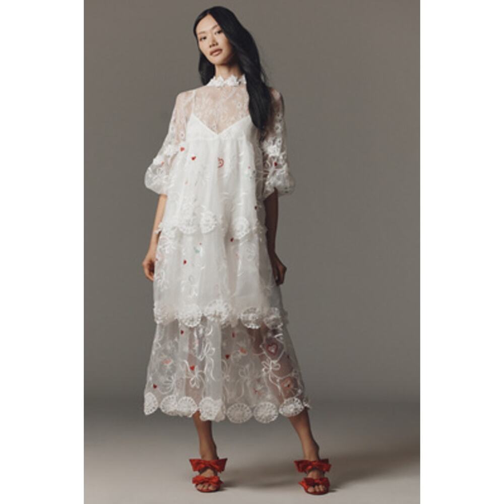 Maeve Sheer 3D Floral V-Neck Maxi Dress Ivory Pink & Red Hearts Sz Small NWT